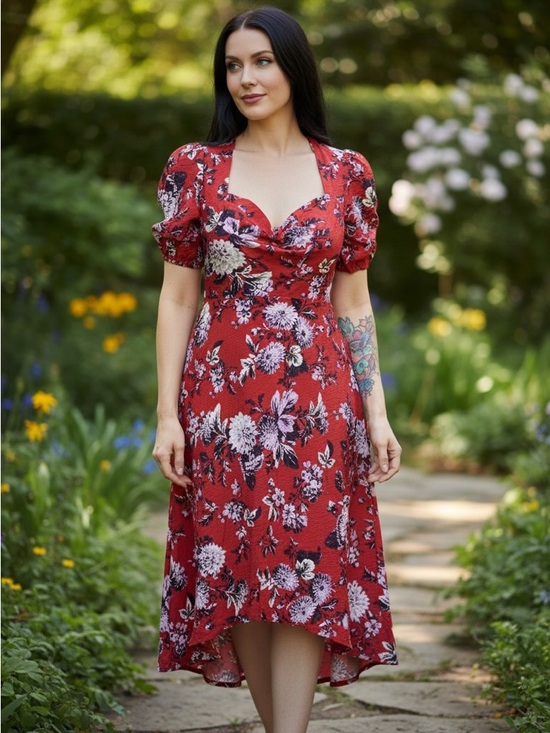 Maeve Dresses & Skirts - Maeve Anthropologie Red Floral Puff Sleeve Midi Dress 6P Petite High-Low
